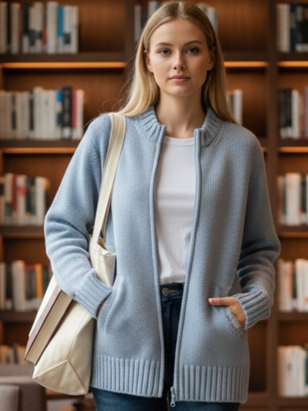 J.Crew Chunky Knit Full-Zip Mock Neck Sweater Powder Blue Coastal Grandmother XL